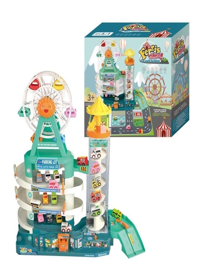 GEMCZA Ferris Wheel & ElevatorCar Adventure- 4 Level Parking with Light -Music & 14 Mini Cars & Vans-Garage Parking Lot Play Set for Kids- Boys & Girls - Image 1